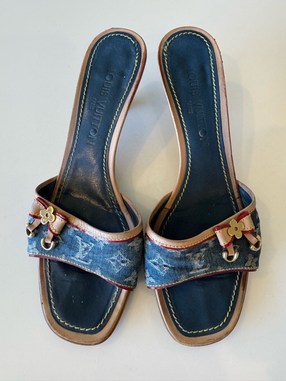 Louis Vuitton Vintage Monogram Denim Leather Bow Mules Kitten Heels Size EU 37.5